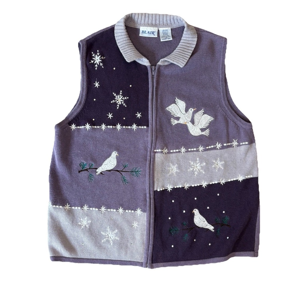 Blair   Sweater Vest Vintage Women's Embroidered Knit  Zip Size Large Cozycore